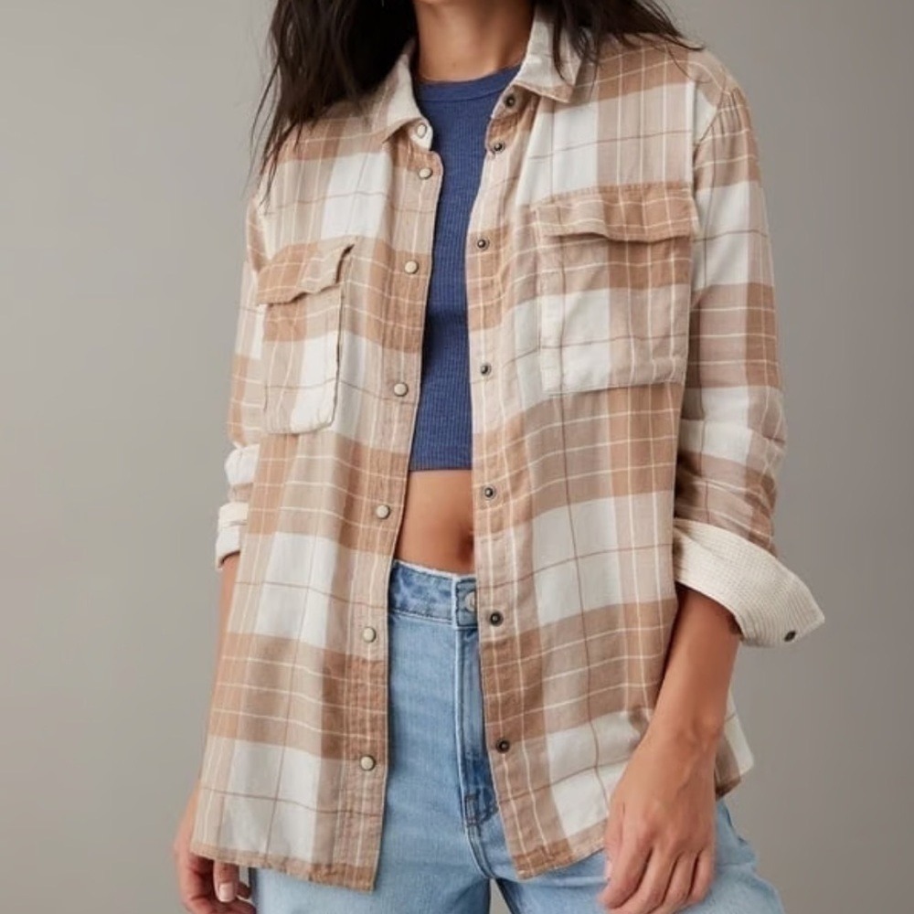 American Eagle Tan Brown Plaid Button Up Shirt Long Sleeve Women Medium M NWT - Picture 1 of 11